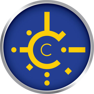 round icon with CEFTA emblem, circular glossy badge featuring abstract yellow design on dark blue background

