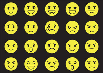Collection of diverse yellow smiley face emojis expressing various emotions like happiness anger sadness and surprise on a black background