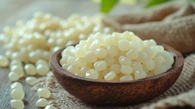 Close-up of candelilla wax pastilles in a wooden bowl, showcasing their unique shape and texture