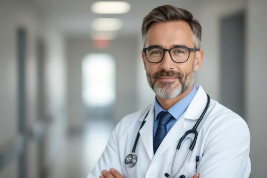 Smiling middle aged doctor wearing glasses and stethoscope in hospital hallway