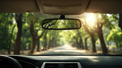 View from Car Interior Showing Tree-lined Road in Forest During Sunset with Sunlight.