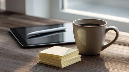 Close-up of coffee mug tablet and sticky notes on wooden desk near window.