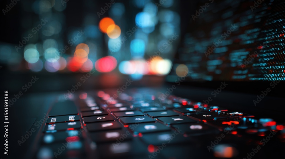 Poster close up of a laptop keyboard with bright colorful out of focus data on screen.