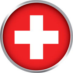round icon with flag of switzerland, circular glossy emblem featuring white cross on red background design

