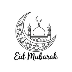 Eid Mubarak greeting card with mosque and crescent moon illustration