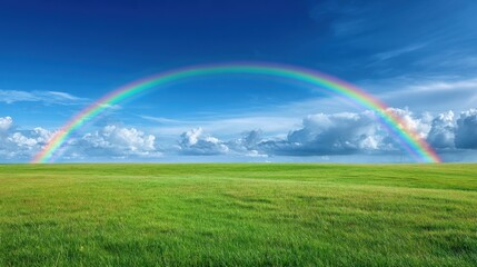 Obraz premium Vibrant rainbow arching over lush green field under partly cloudy blue sky.