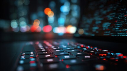Close Up of a Laptop Keyboard with Bright Colorful Out of Focus Data on Screen.