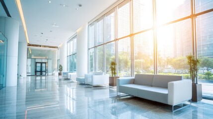 Fototapeta premium Bright modern spacious lobby interior with large windows and comfortable seating.