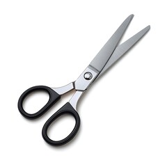 A pair of sharp metal scissors with black handles, isolated on white background