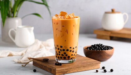 Iced bubble Thai tea with tapioca pearls served in a tall glass, accompanied by a bowl of black tapioca and a pot