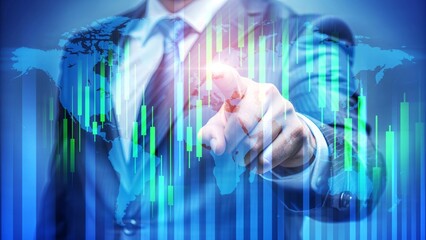 Businessman Analyzing Global Financial Data with Futuristic Technology Interface