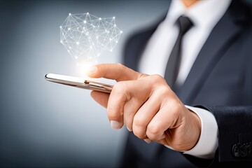 Businessperson interacting with a smartphone, a glowing network graphic appears over the screen