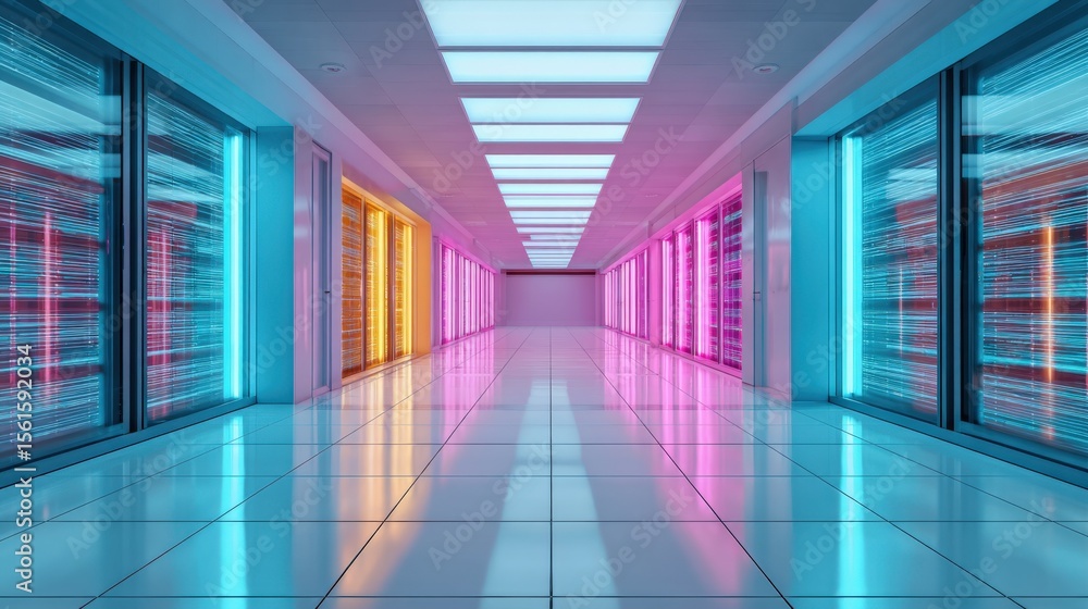 Poster long corridor of server racks with colorful lighting in a high tech data center.
