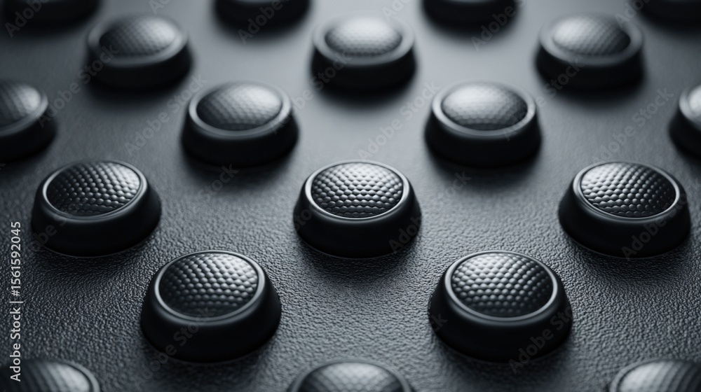 Aufkleber close-up of black textured push buttons on a modern electronic control panel or device.