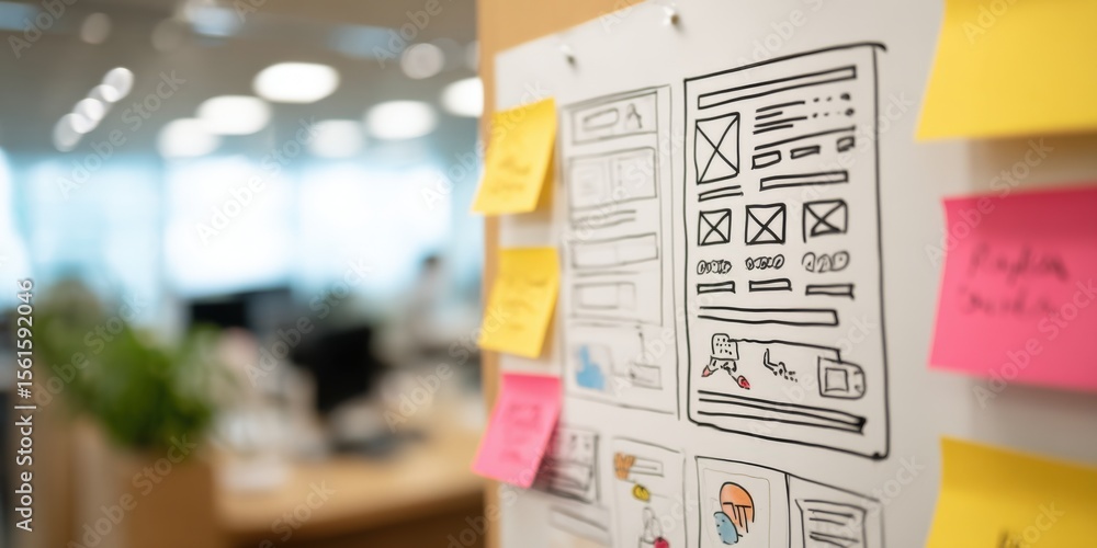 Poster detailed website wireframe sketch with sticky notes and design elements for development.