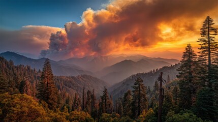 Fototapeta premium Majestic Mountain Range During Sunset with Vibrant Sky and Dense Forests.