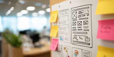 Detailed website wireframe sketch with sticky notes and design elements for development.