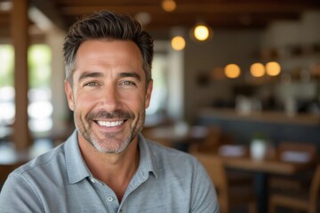 Smiling middle aged man with salt and pepper hair and beard wearing a gray polo shirt in a restaurant