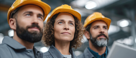 Industry workers collaborating in factory industrial setting close-up
