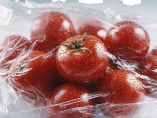 Fresh and vibrant tomatoes in a clear plastic bag.  isolated on a white background 