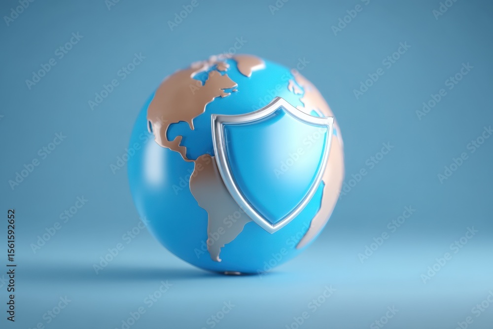 Poster globally balanced earth with shield icon symbolizing security and protection.