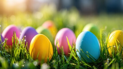 Fototapeta premium Vibrant pastel colored Easter eggs nestled in lush green grass outdoor celebrate spring.