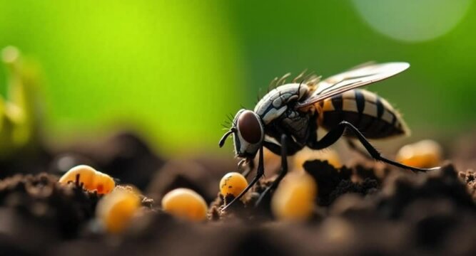 Detailed 4K video of housefly near maggots on organic surface &ndash; raw, educational footage showing fly reproduction behavior

