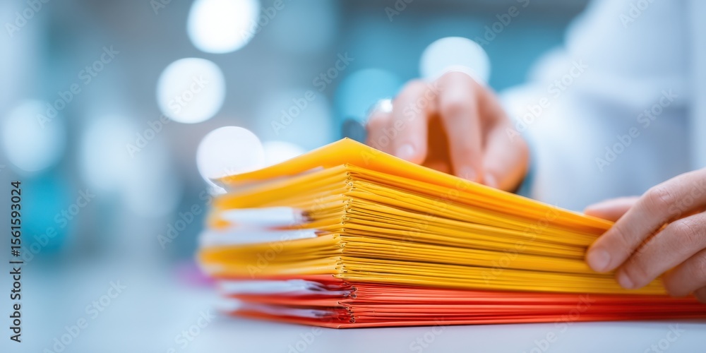 Poster person sorting files and documents with yellow and red folders in an office environment.