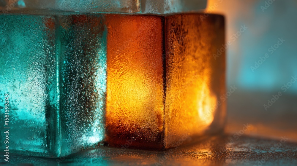 Poster close-up of colorful illuminated ice cubes with condensation and glowing effects.