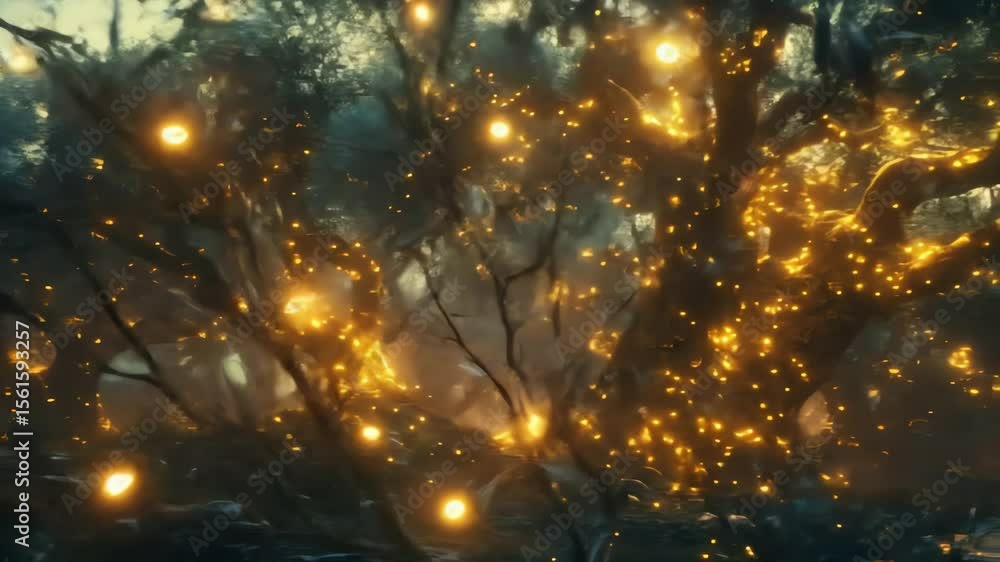 Poster glowing orbs illuminate gnarled dark trees in a forest creating a magical ethereal atmosphere