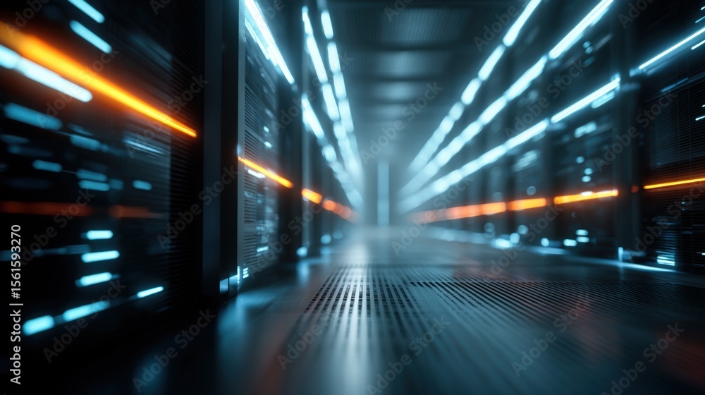 Poster futuristic high tech data center with advanced server racks and digital infrastructure.