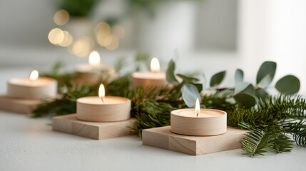 Elegant Christmas Advent Candle Display with Greenery and Warm Glowing Lights.