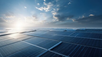 Solar panels installed on a vast open field under a partly cloudy sky during sunset.