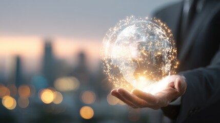 Businessperson Holding a Glowing Digital Globe with Network Lines and Cityscape Background.