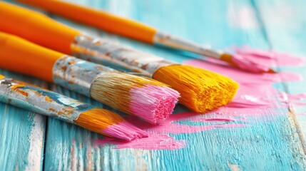 Obraz premium Assorted paintbrushes with pink and yellow paint on colorful wooden surface.