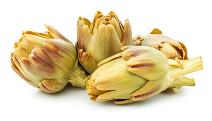 Delicious loating artichoke hearts isolated on white background