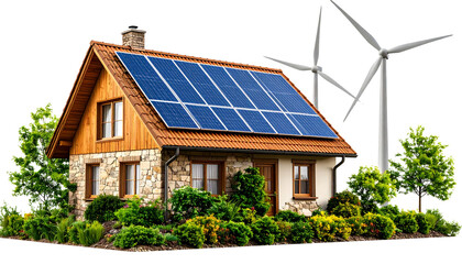 Fototapeta premium Solar panels and wind turbines generating clean renewable energy isolated on white background