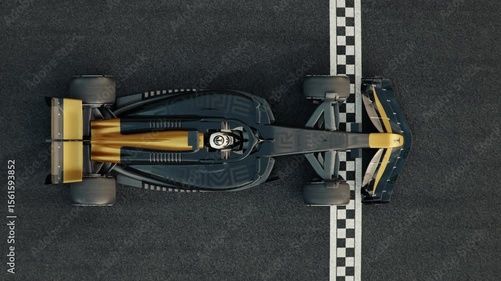 Poster top view of a generic formula one race car driving across the finish line in slow motion. 3d animati