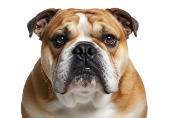 A tan  white Bulldog stares forward The dog has big eyes wrinkles and a dark nose The background is pure black