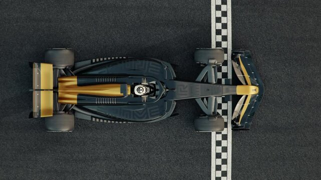 Top view of a generic formula one race car driving across the finish line in slow motion. 3d animation rendering. New 2025 black and gold race car design