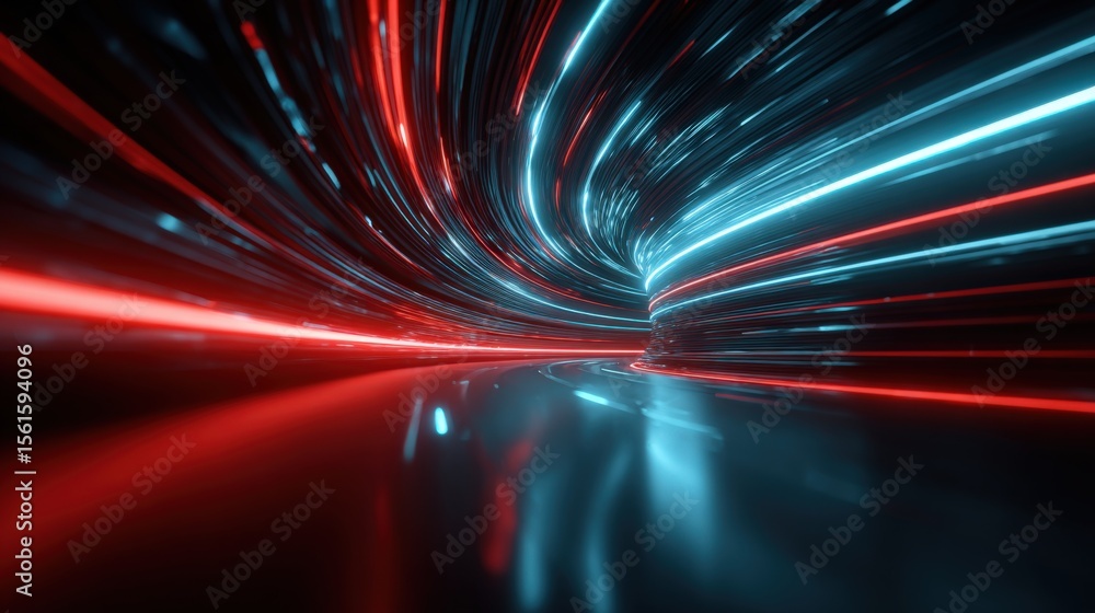 Poster dynamic light trails in motion with speedy red and blue streaks in a tunnel scene.