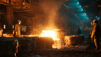 Hot steel production process with workers in protective gear monitoring molten metal pouring into molds, glowing sparks flying in heavy industry foundry workshop, dramatic lighting and industrial atmo