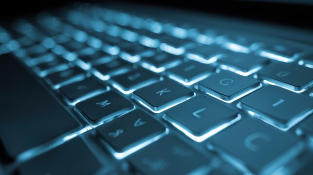 Close-up of illuminated computer keyboard with glowing backlit keys in dark environment.