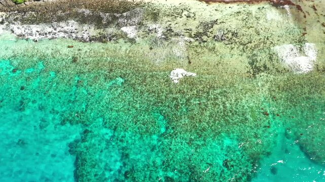 Emerald waters of coral reefs around Tokoriki island in Fij pacific ocean paradise 4k.
