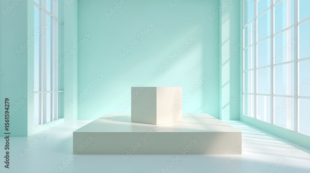 Poster bright minimalist modern showroom with large windows and pristine white display platform.