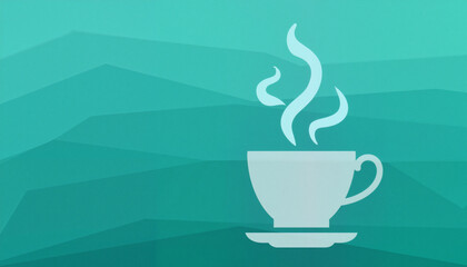 Obraz premium Hot steaming coffee in a white cup and saucer on a teal and turquoise geometric background evokes comfort, morning refreshment, and is available with copy space.