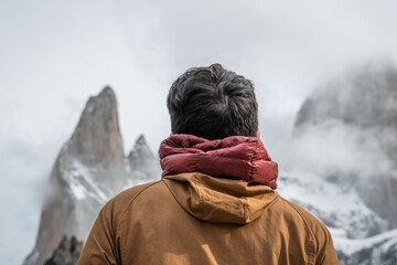 A person gazing at misty snow-covered mountains.