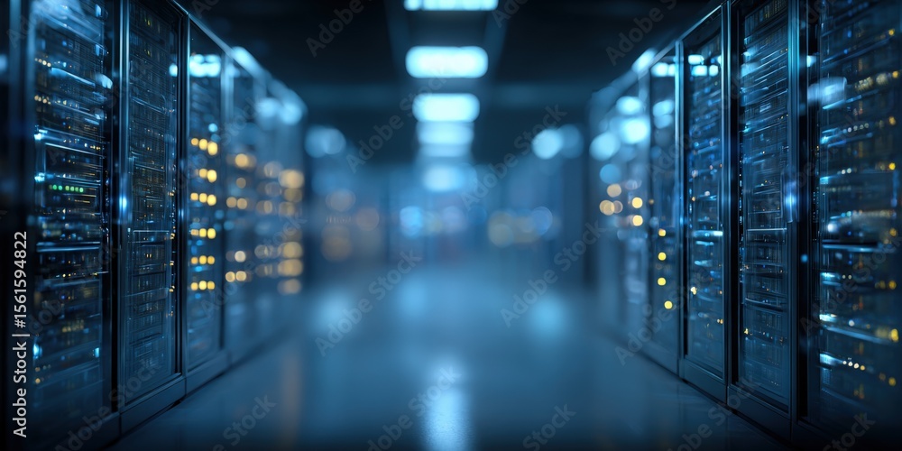 Poster advanced data center with racks full of servers and network equipment in a modern facility.