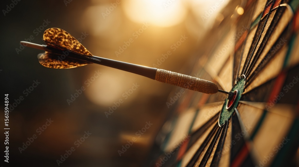 Poster close-up of a dart hitting the bullseye on a colorful dartboard during a game.
