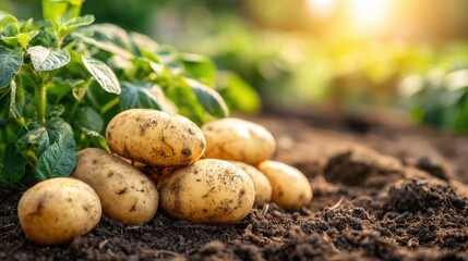 Freshly Dug Potatoes Growing in Soil with Green Leaves in a Garden Scene.